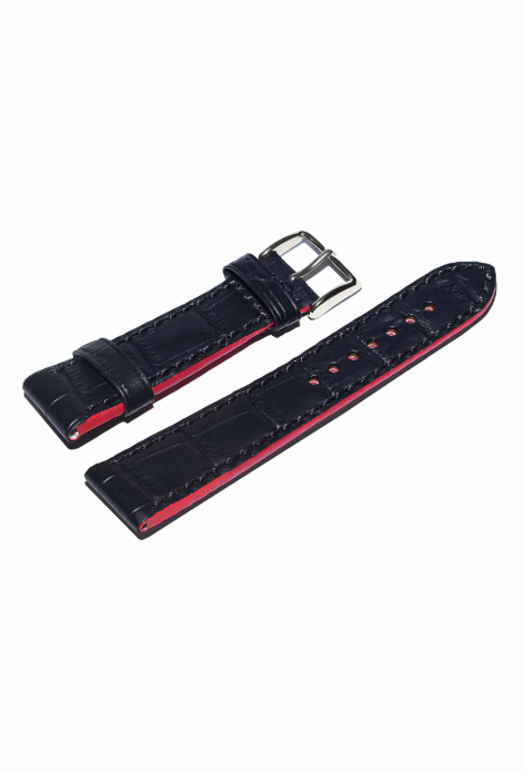 Calfskin Watch Strap Black Red Inner Leather 20 mm